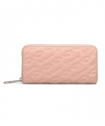Women's Embossed Zip around Calfskin Leather waller RFID - Pink Logo ...