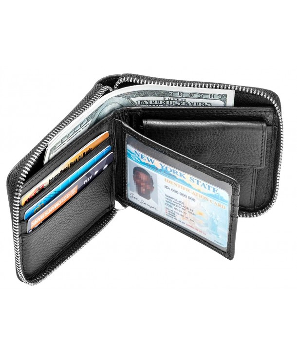 RFID Blocking Zipper Around Bifold Leather Card Wallet With Coin Pocket ...