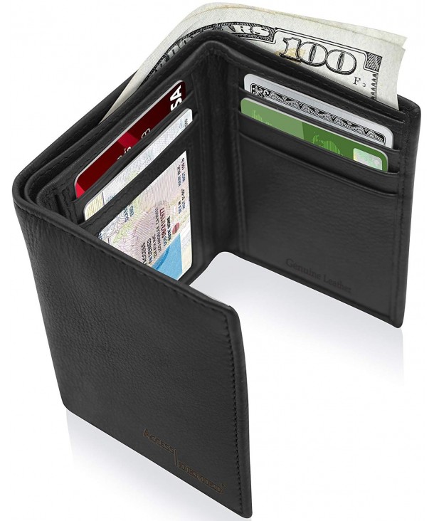 Trifold Leather Wallets Men Slim - Black smooth - C411ID76OD1