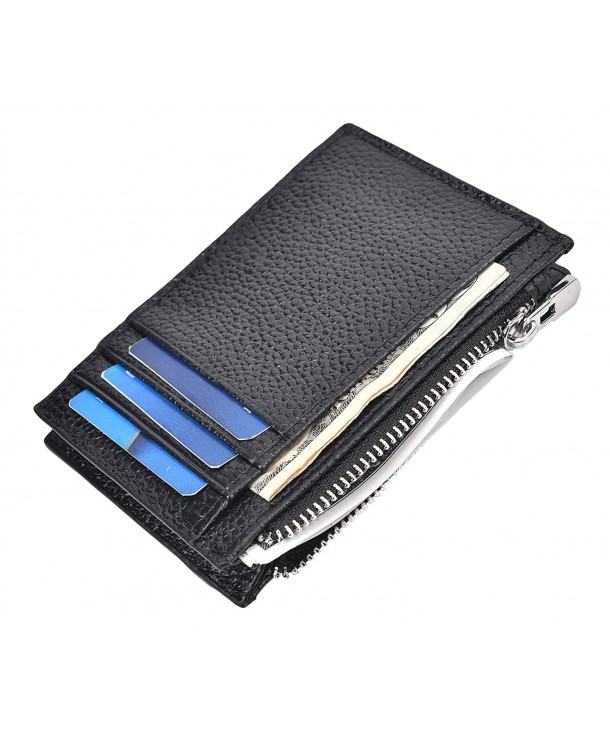 Genuine Leather Slim Zipper Credit Card Holder Wallet RFID Mini ID Case ...