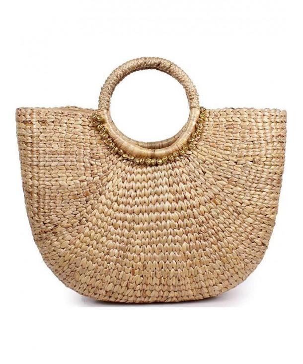 Straw Boho Basket Bag - Brown Tassel Trim Medium - C018E0UWD22