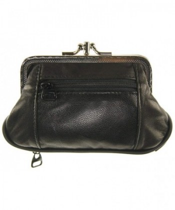 Womens Leather Metal Frame Double Kiss Lock Coin or Change Purse (Black ...