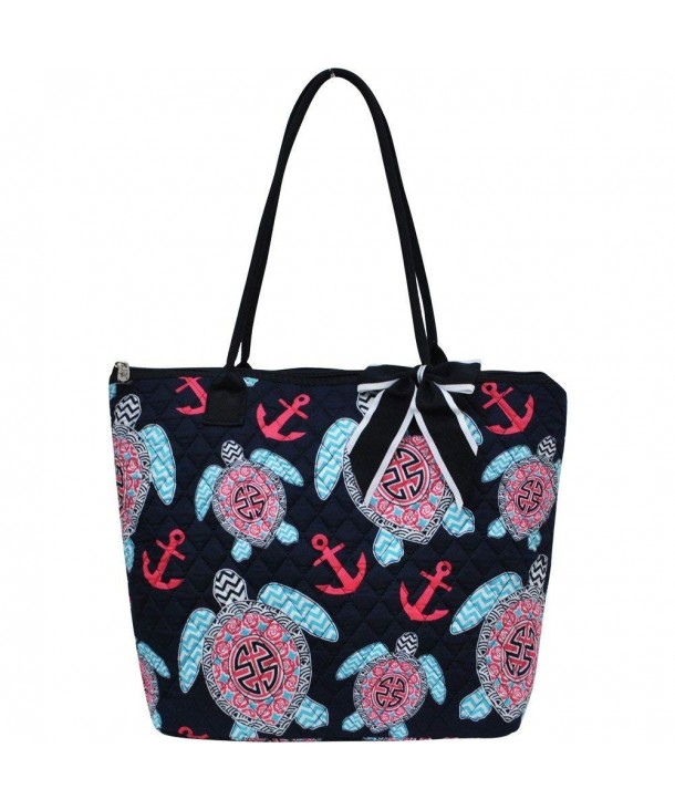 Sea Turtle Anchor Print Quilted Large Stripe Ribbon Tote Bag - Navy ...